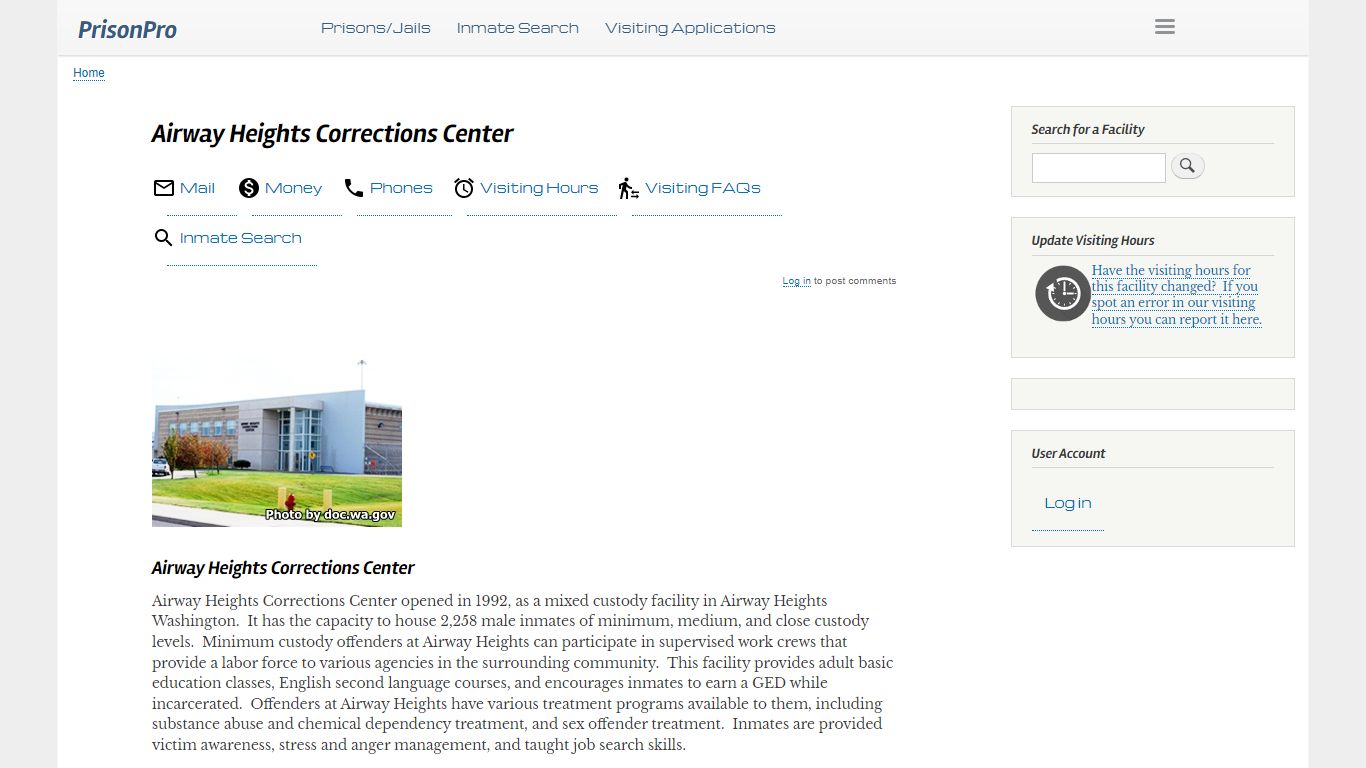 Airway Heights Corrections Center Visiting hours, inmate phones, mail